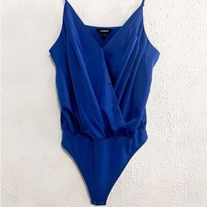 Express Royal Blue Satin Wrap Bodysuit